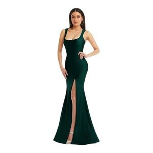 Cynthia & Sahar Square Neck Stretch Satin Mermaid Dress with Train in Evergreen